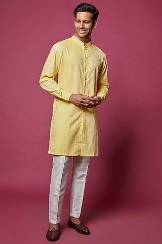 yellow cotton silk printed kurta set