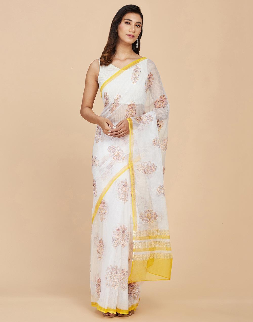 yellow cotton silk printed sari