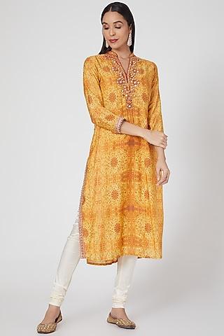 yellow cotton silk printed tunic