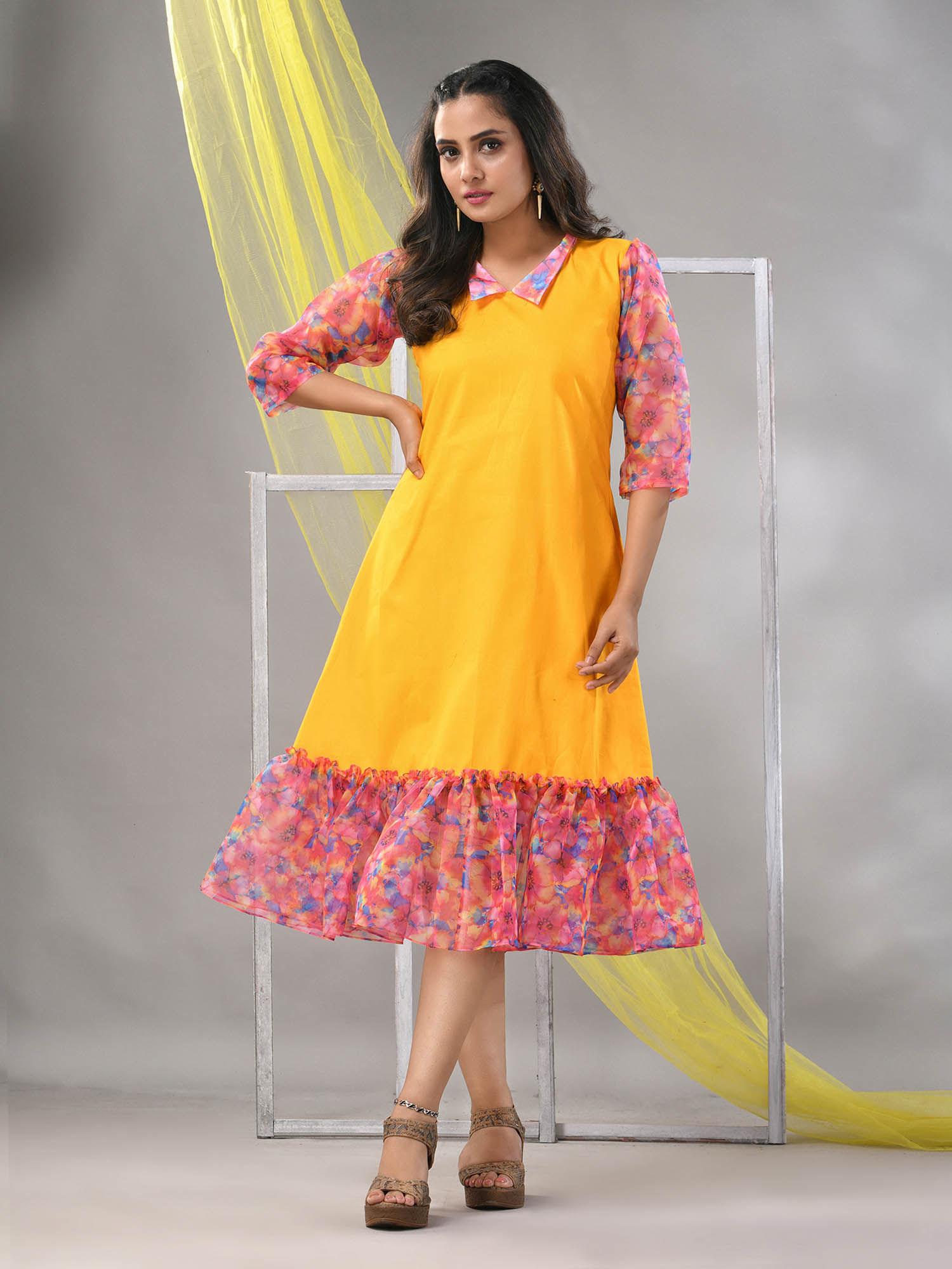 yellow cotton solid a-line ethnic dress with ruffle