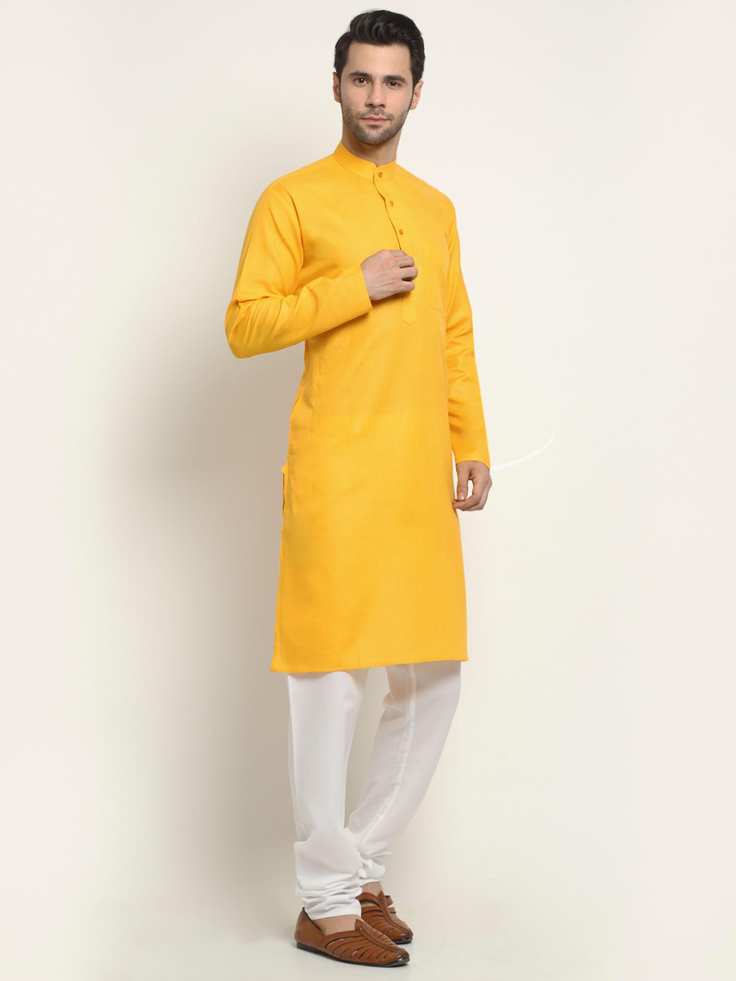 yellow cotton solid long kurta pajama set for men