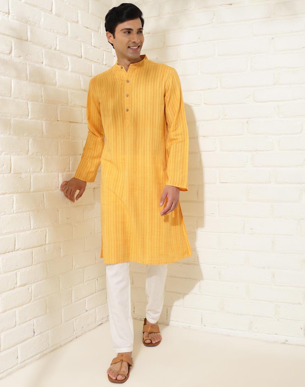 yellow cotton striped long kurta