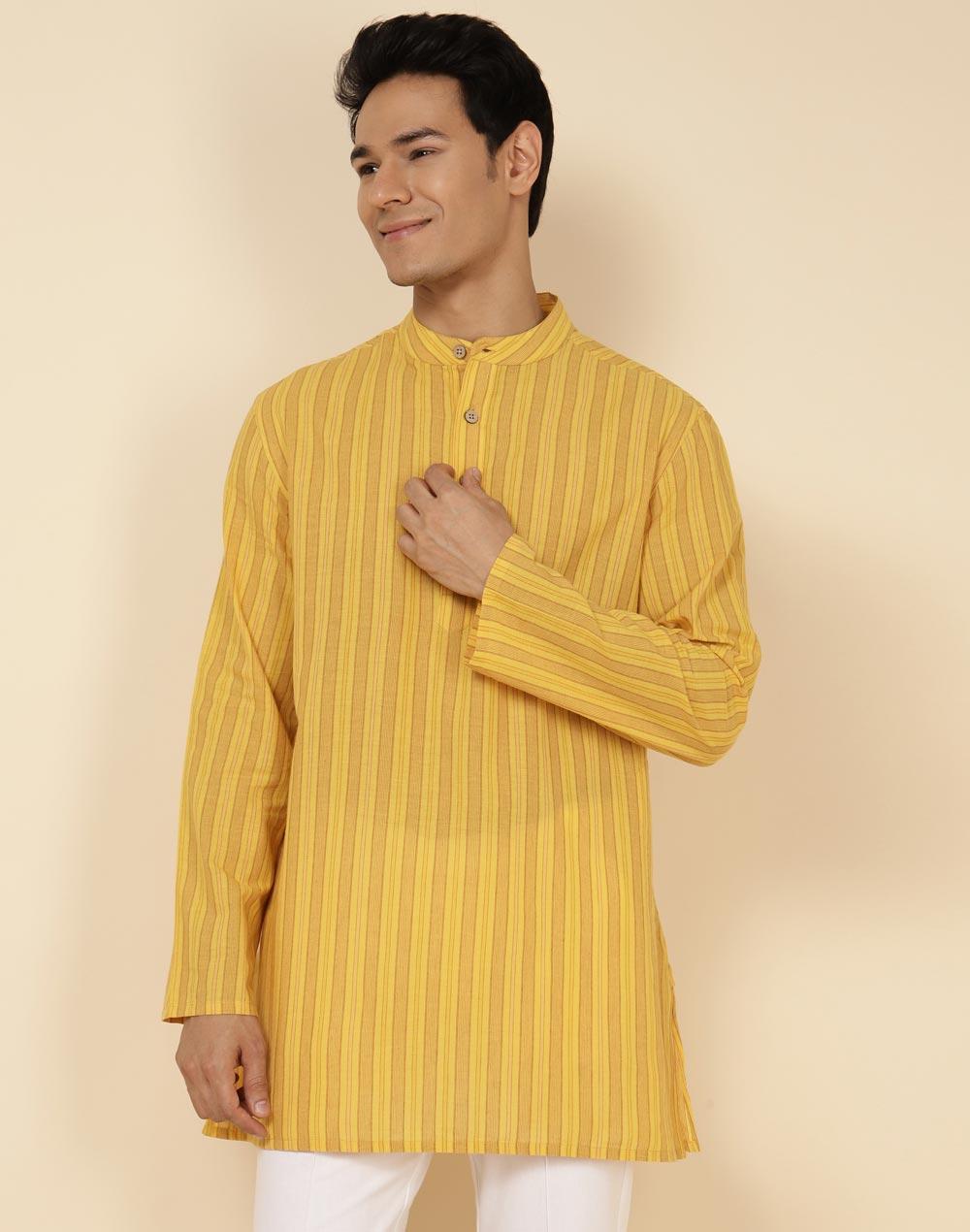 yellow cotton striped short kurta