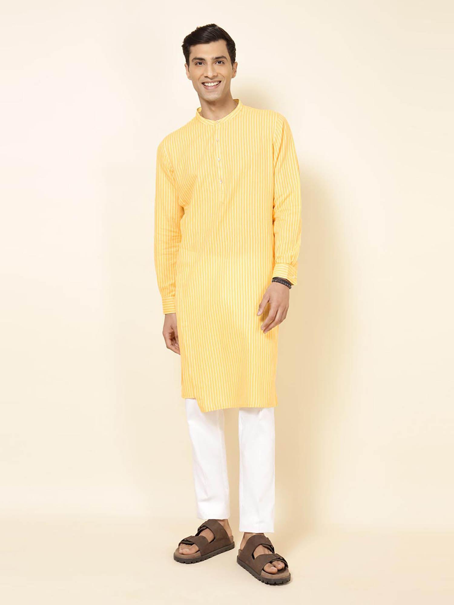 yellow cotton striped slim fit kurta