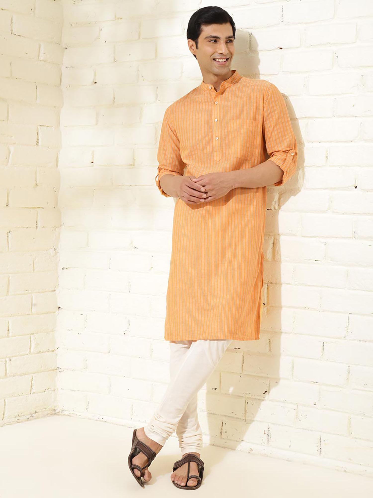 yellow cotton striped slim fit long kurta