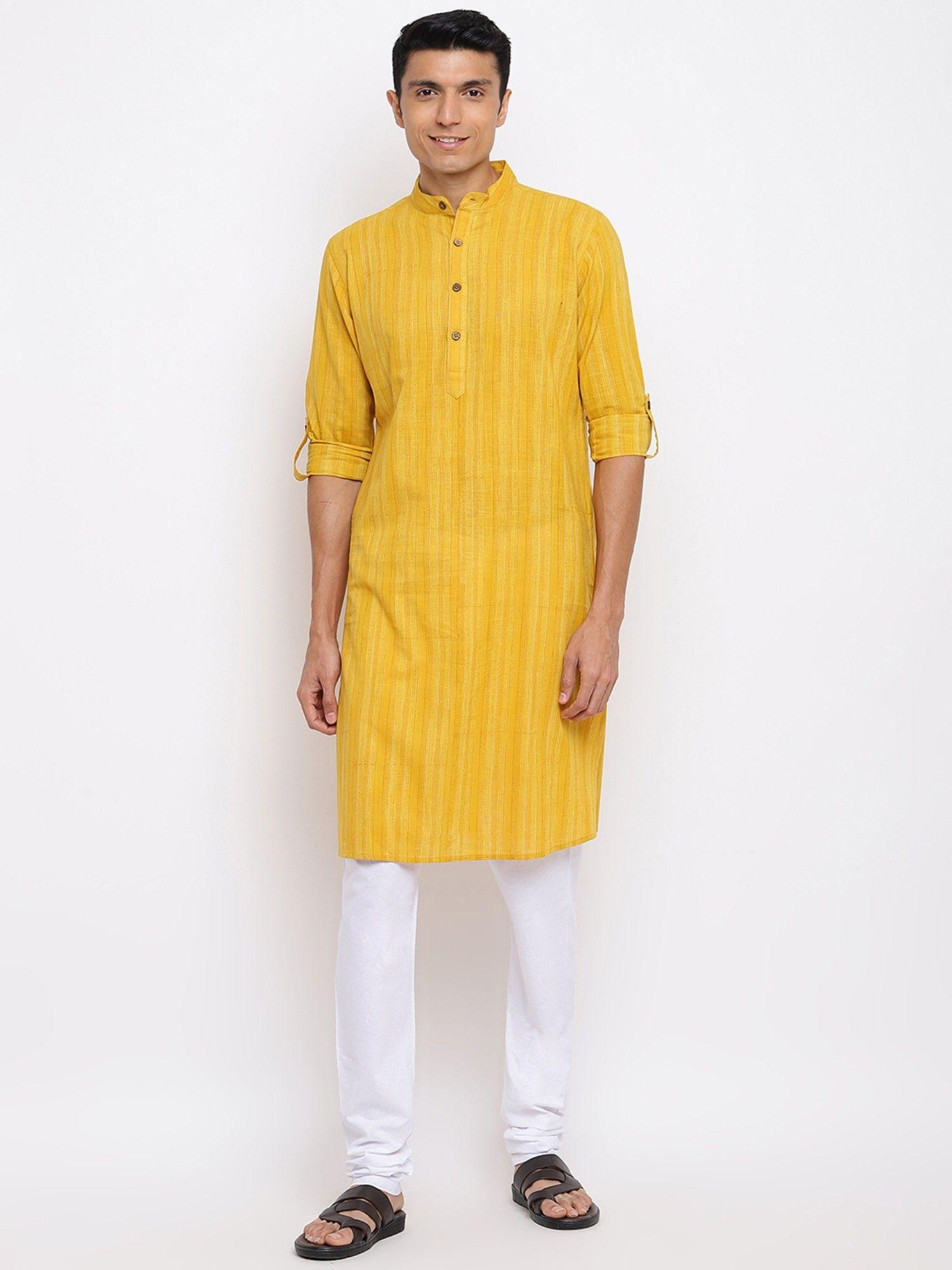 yellow cotton stripes slim fit long kurta