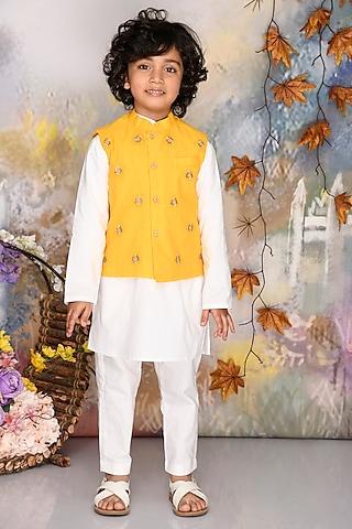 yellow cotton thread embroidered jacket set for boys