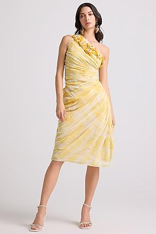 yellow cotton tie-dye asymmetrical ruched dress