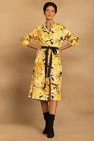 yellow cotton twill abstract floral printed midi shirt dress