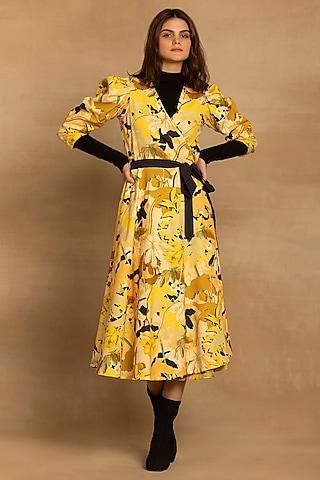 yellow cotton twill abstract floral printed wrap midi dress