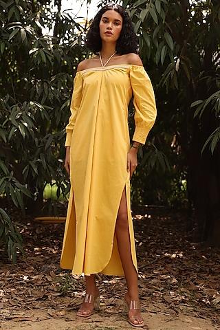 yellow cotton twill off-shoulder a-line dress