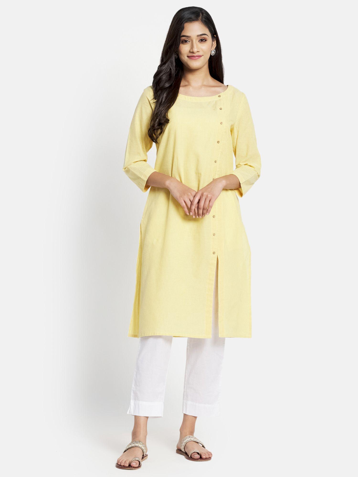 yellow cotton woven knee length kurta