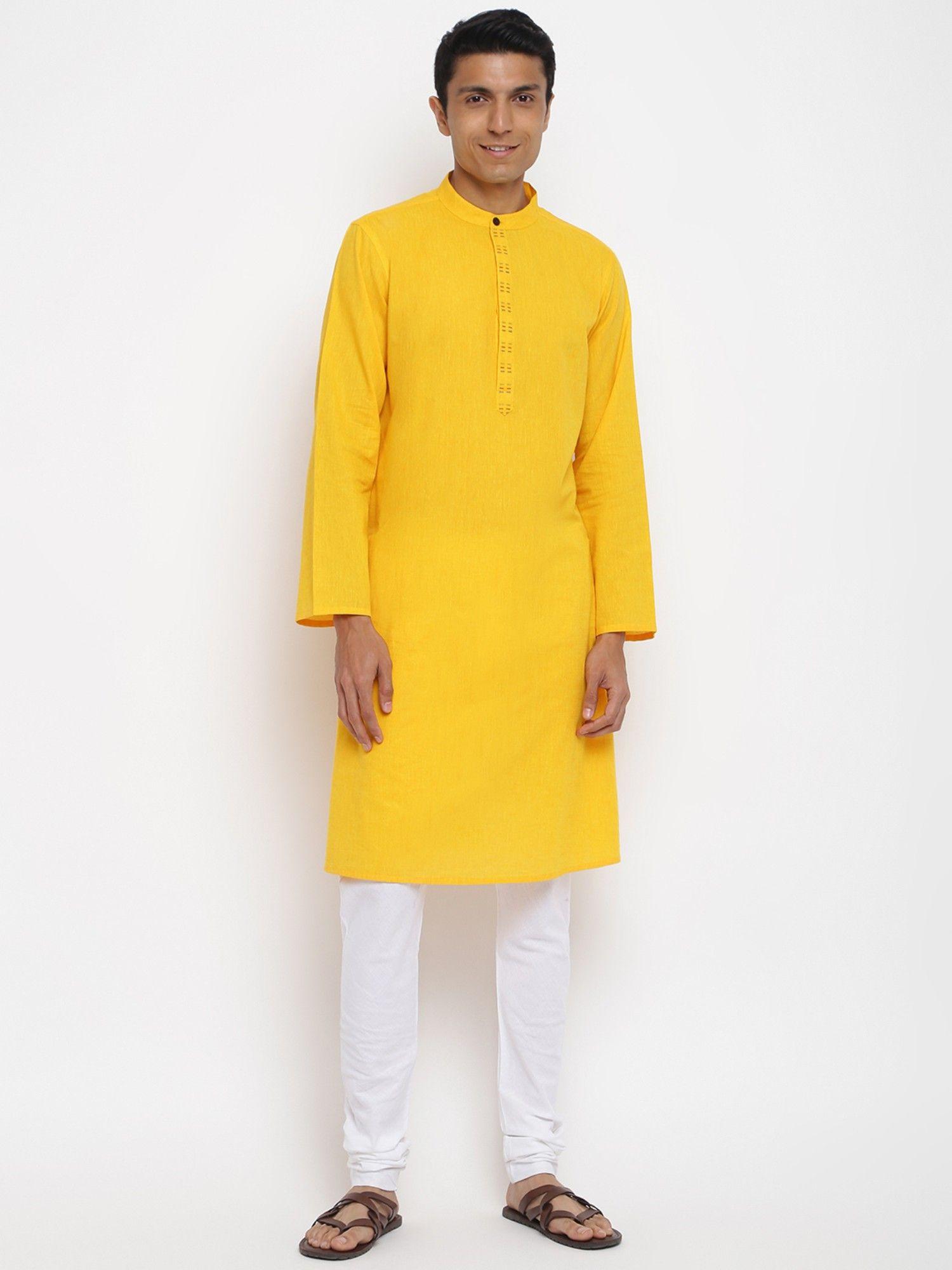 yellow cotton woven long kurta