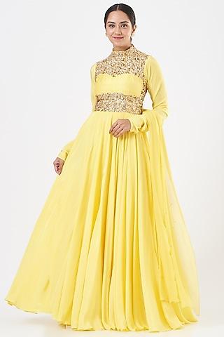 yellow crepe & georgette anarkali set