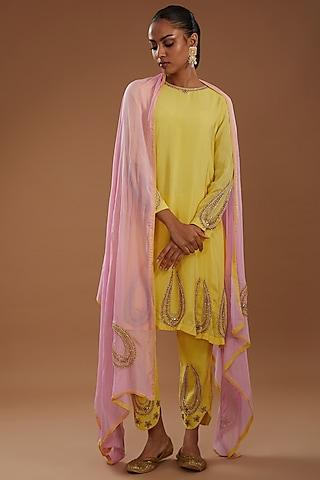 yellow crepe a-line hand embroidered kurta set