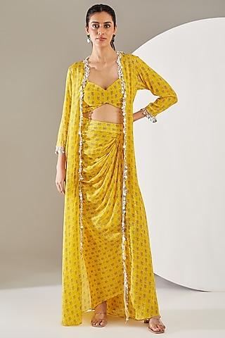 yellow crepe boota printed & coin embroidered cape set