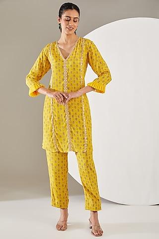 yellow crepe boota printed & sequins embroidered kurta set