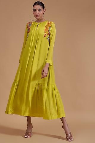 yellow crepe chiffon embroidered dress