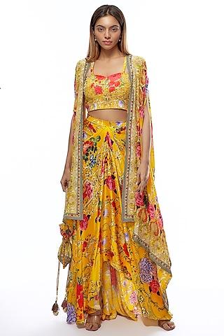 yellow crepe embellished & printed cape set