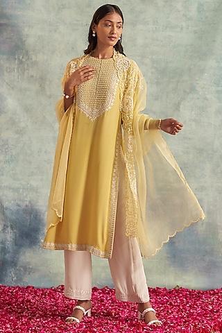 yellow crepe embellished kurta set