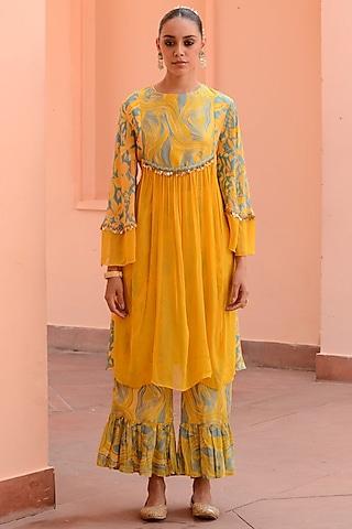 yellow crepe embroidered anarkali set