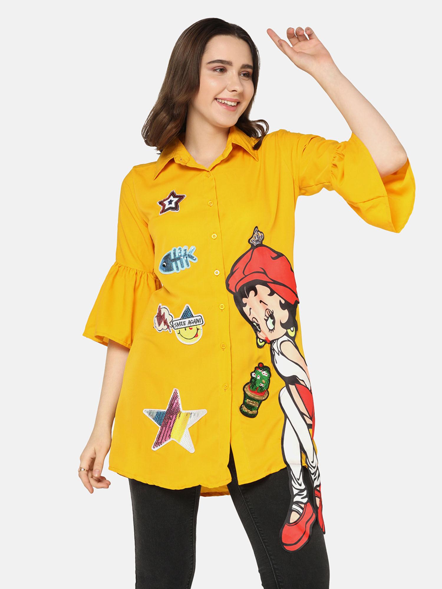 yellow crepe embroidered print women long shirt