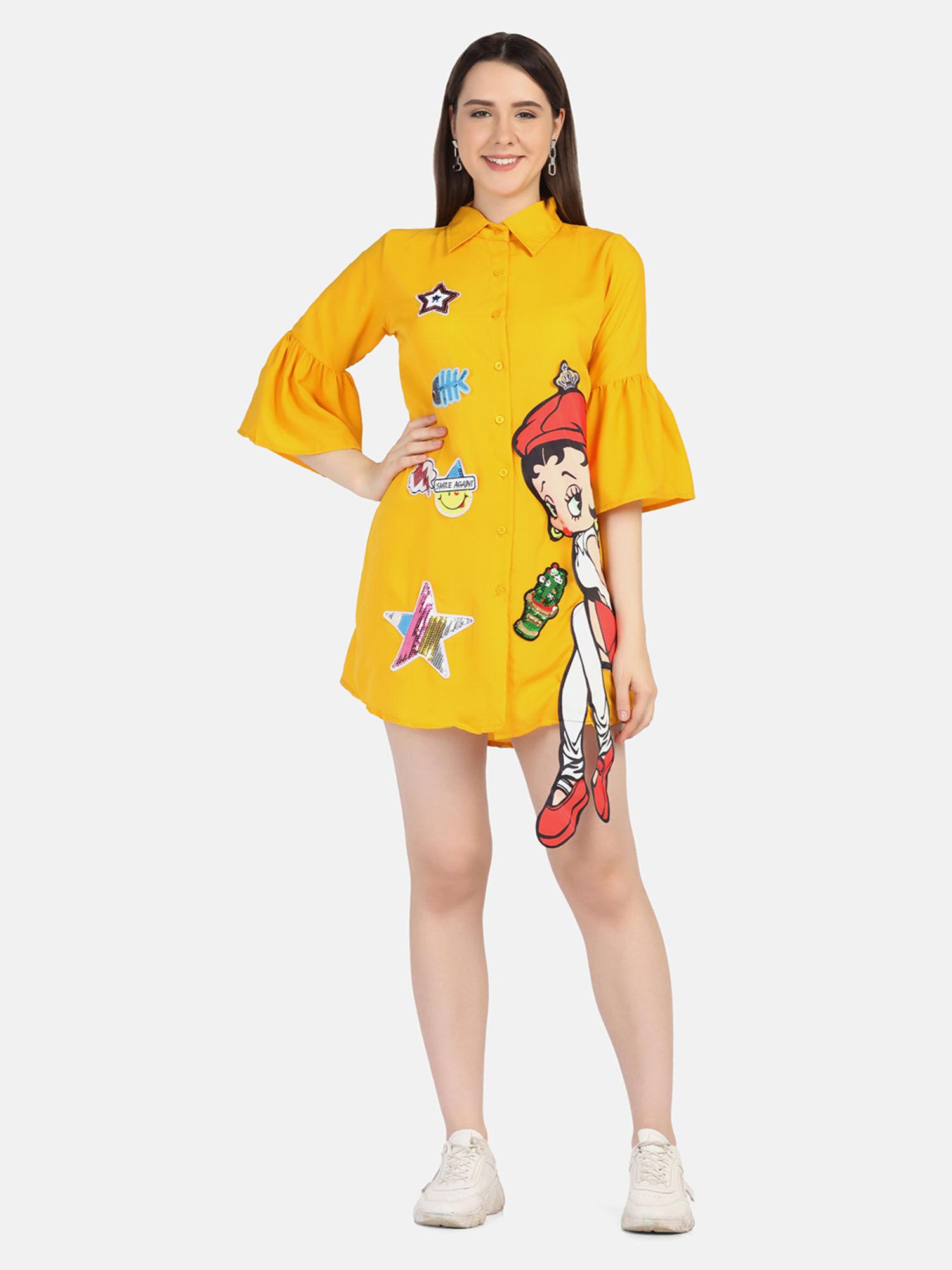 yellow crepe embroidered print women shirt style mini dress