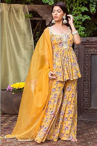 yellow crepe floral printed kurta set for girls