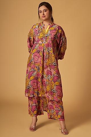 yellow crepe floral printed tunic set