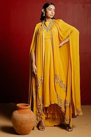 yellow crepe hand embroidered layered cape set