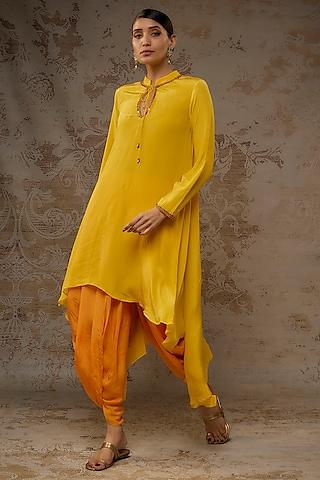 yellow crepe hand embroidered tunic set