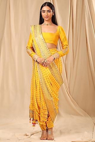 yellow crepe pre-stitched dhoti saree set