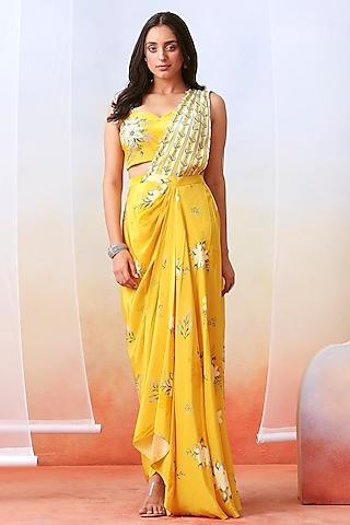 yellow crepe pre-stitched saree set