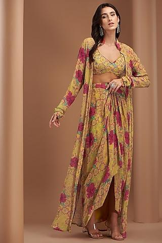 yellow crepe printed cape set