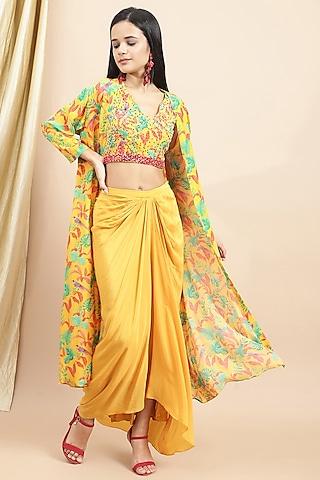 yellow crepe printed cape set