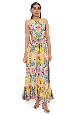 yellow crepe printed cut-out dress