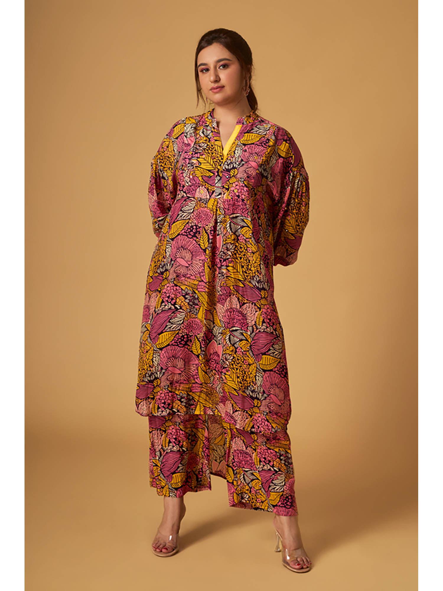 yellow crepe printed kurta and pant co-ord (set of 2)