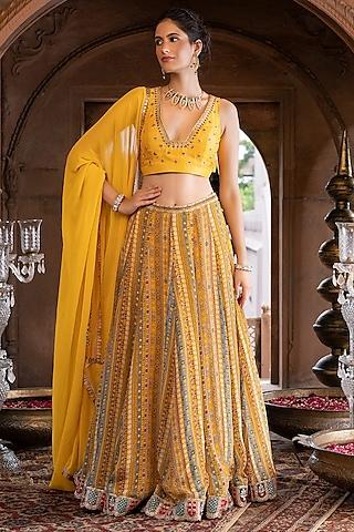 yellow crepe printed lehenga set