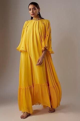 yellow crepe sequins embroidered cape dress