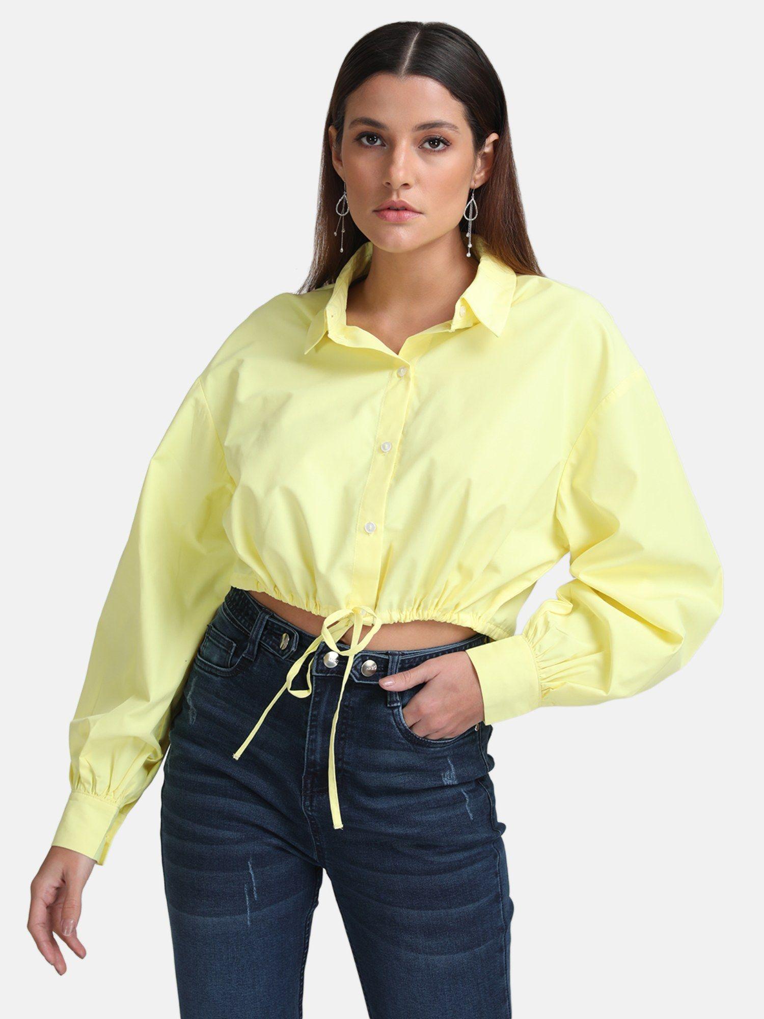 yellow cropped shirt with draw string detail at waist
