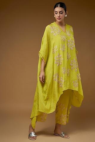 yellow crushed silk embroidered kurta set