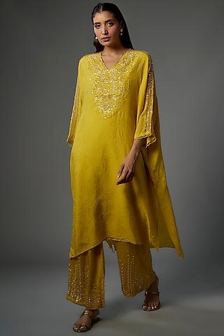 yellow crushed silk hand embroidered kaftan tunic