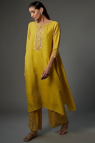 yellow crushed silk hand embroidered kurta