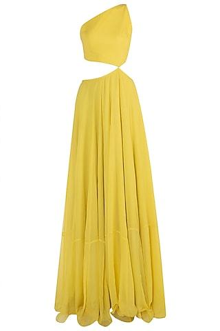 yellow cut out anarkali with lime embellished dupatta