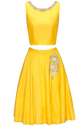 yellow dabka embroidered crop top and skirt