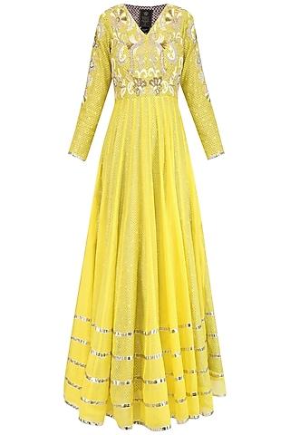 yellow dabka embroidered pleated anarkali set