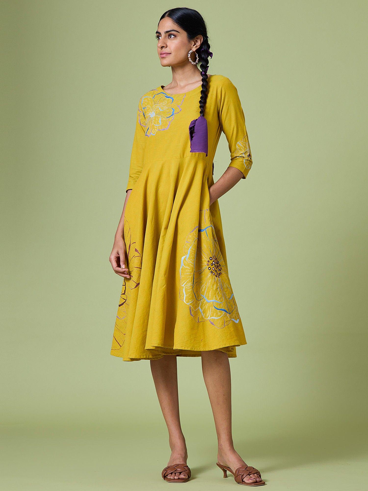 yellow daylily pure cotton hand embroidered mirror work dress