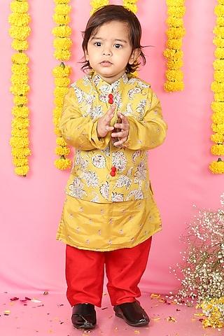 yellow dola silk & cotton silk floral printed jacket with kurta set for boys