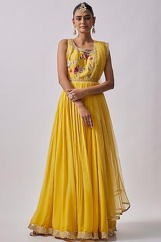 yellow dola silk printed & embroidered anarkali set