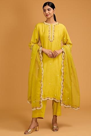 yellow dola silk zari embroidered straight kurta set